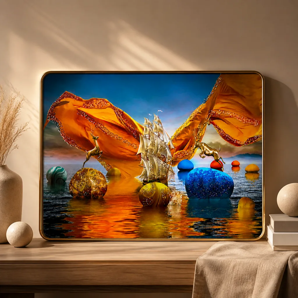 Surreal Fantasy Seascape Canvas Wall Art - Golden Ship With Giant Butterfly Wings And Floating Orbs